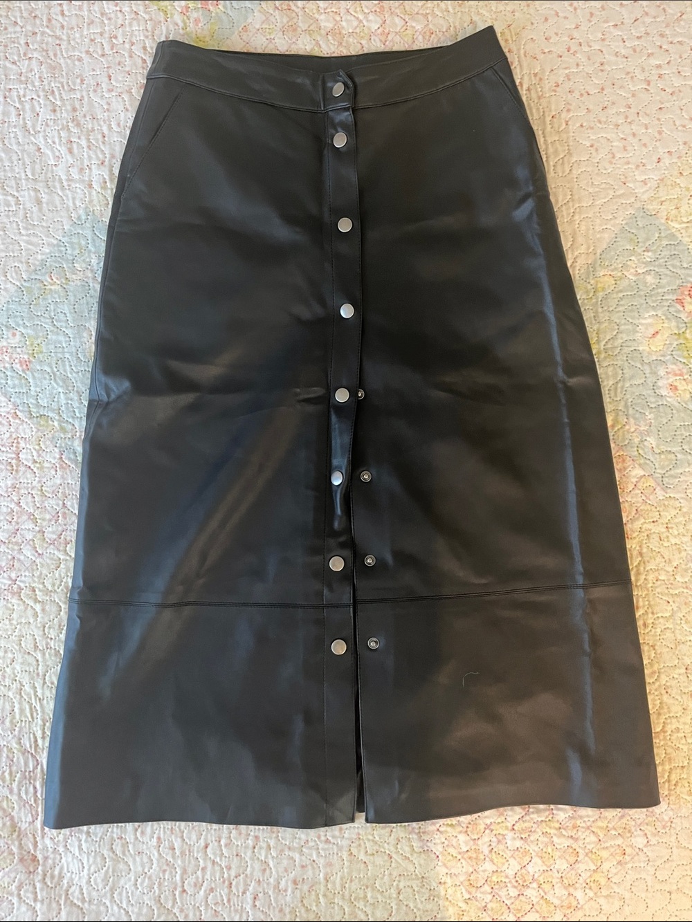 Mid-Length Black Faux Leather Button-Front Midi Skirt